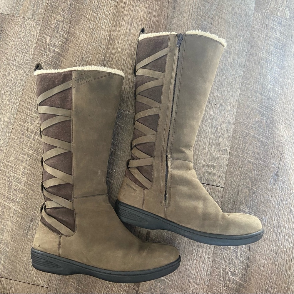 TEVA Figueroa Waterproof Fleece Lined Knee Boots, Olive Green Leather
